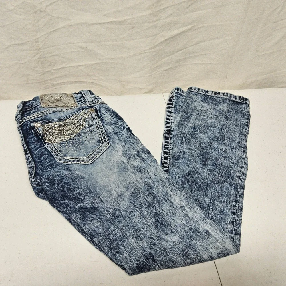 Miss Me Signature Boot Jeans Womens 26 Blue Acid Wash Embellished Low Rise 31x26